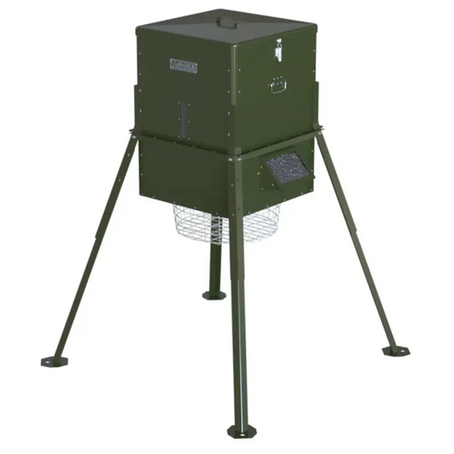 Angled studio render of the American Feeder AF300 Scatter Feeder on tripod legs with hopper lid, feed chute and wire varmint cage