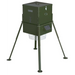 Angled studio render of the American Feeder AF300 Scatter Feeder on tripod legs with hopper lid, feed chute and wire varmint cage