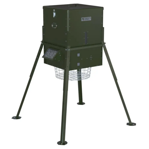 Front-left studio render of the American Feeder AF300 300 lb Scatter Feeder showing nameplate, access door hinges and varmint cage