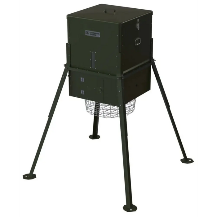 High front-angle studio render of the American Feeder AF300 Scatter Feeder with lid latch, access door and extended tripod legs