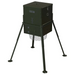 High front-angle studio render of the American Feeder AF300 Scatter Feeder with lid latch, access door and extended tripod legs