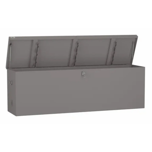 Front-angle studio render of the open American Feeder DB-8020 Aluminum Dock Box on white showing deep interior and latch