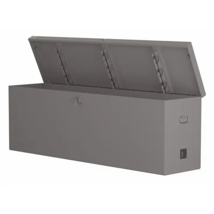 Angled studio render of the open American Feeder DB-8020 Deck Box on white showing side handle, latch and lid brackets