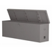 Angled studio render of the open American Feeder DB-8020 Deck Box on white showing side handle, latch and lid brackets