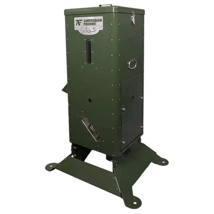 Angled studio view of the green American Feeder H125 Outdoor Feeder on a Vari-Tilt base with side access door