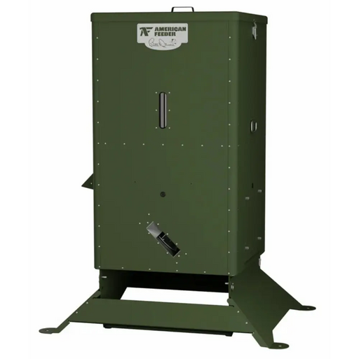 Green powder-coated American Feeder R425 on Vari-Tilt base with sight gauge window and feed chute against white background