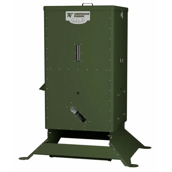 Green powder-coated American Feeder R425 on Vari-Tilt base with sight gauge window and feed chute against white background
