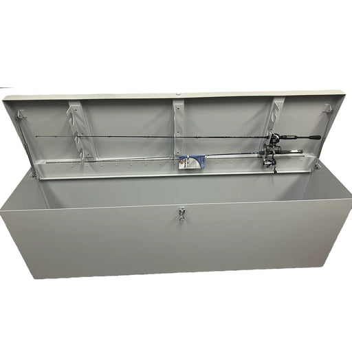Interior of the American Feeder DB-8020 Aluminum Dock Box holding two fishing rods on the built-in rod holder rack