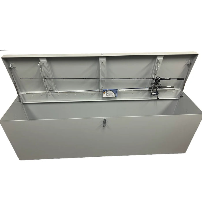 Interior of the American Feeder DB-8020 Aluminum Dock Box holding two fishing rods on the built-in rod holder rack