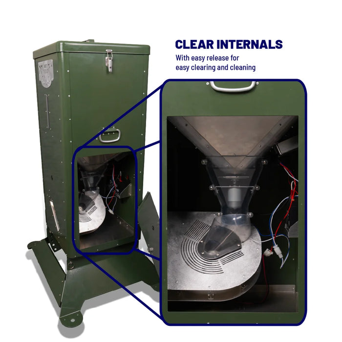 Cutaway of the American Feeder H125 Fish Feeder interior showing clear hopper cone and easy release cleaning system
