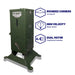 Feature callouts for the American Feeder H125 Fish Feeder showing rounded corners high velocity blower and dual motor