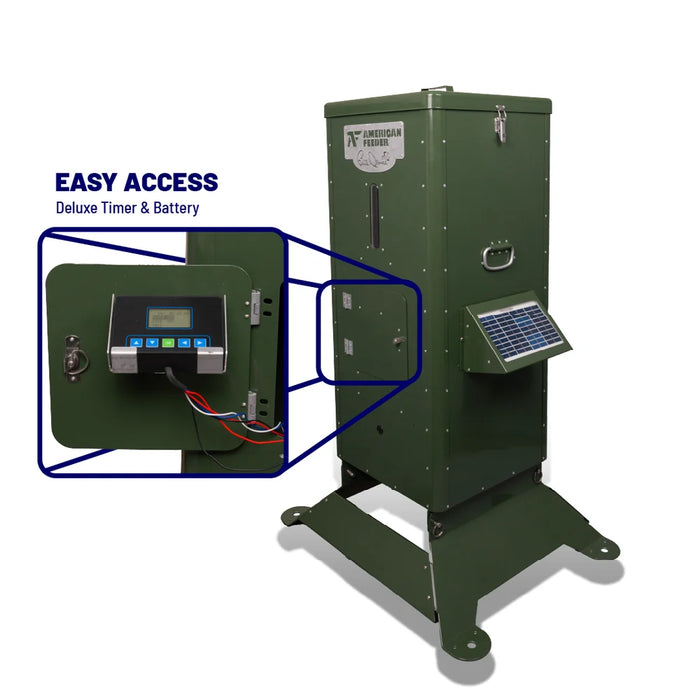 American Feeder H125 Deer Feeder with easy access deluxe digital timer battery close-up and mounted solar panel