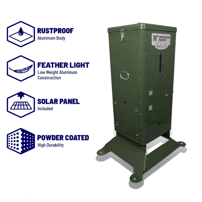 Feature callouts for the American Feeder H125 Lake Feeder noting rustproof aluminum body and included solar panel