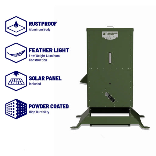 Feature callout icons for the American Feeder R425 Fish Feeder showing rustproof aluminum body, solar panel and powder coating