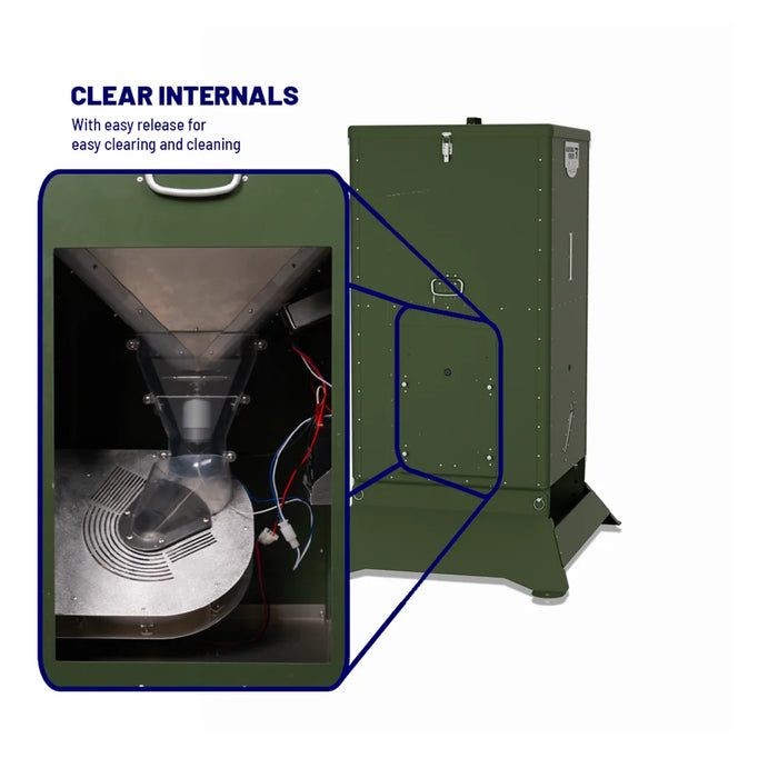 Interior view of the American Feeder R425 Deer Feeder showing funnel, blower and wiring behind an easy release access panel