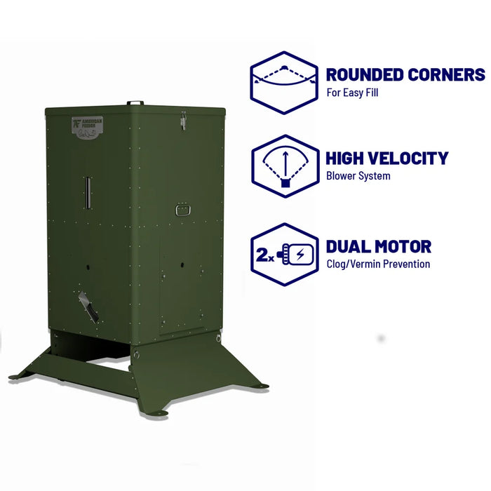 American Feeder R425 Wildlife Feeder infographic detailing rounded corners, high velocity blower and dual motor system