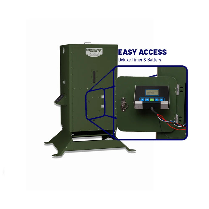 American Feeder R425 Fish Feeder showing open access door with deluxe programmable digital timer and 12 volt battery