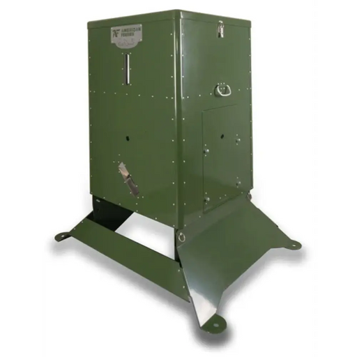 Front angle studio view of the American Feeder S300 Wildlife Feeder showing the logo plate, sight gauge, and feed chute on the base
