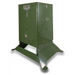 Front angle studio view of the American Feeder S300 Wildlife Feeder showing the logo plate, sight gauge, and feed chute on the base