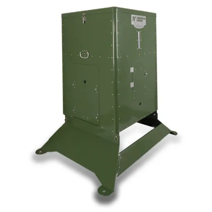 Rear angle view of the American Feeder S300 Wildlife Feeder on a white background showing the access door and Vari-Tilt base