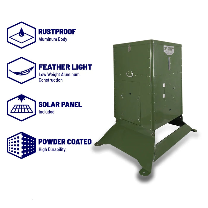 Feature callouts for the American Feeder S300 Deer Feeder highlighting rustproof aluminum body, solar panel, and powder coating