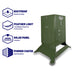 Feature callouts for the American Feeder S300 Deer Feeder highlighting rustproof aluminum body, solar panel, and powder coating