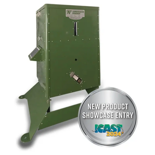 American Feeder S300 Outdoor Feeder front offset view with mounted solar panel and ICAST 2024 showcase entry badge