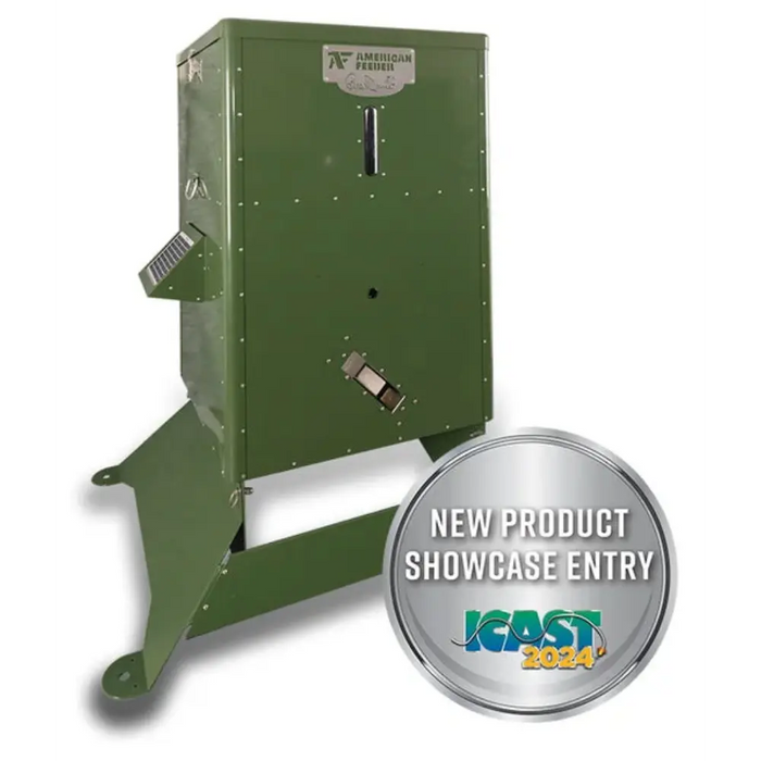 American Feeder S300 Outdoor Feeder front offset view with mounted solar panel and ICAST 2024 showcase entry badge