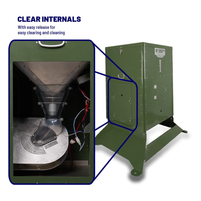 Cutaway view of the American Feeder S300 Fish Feeder internals showing the funnel, spinner plate, and easy-release cleaning access