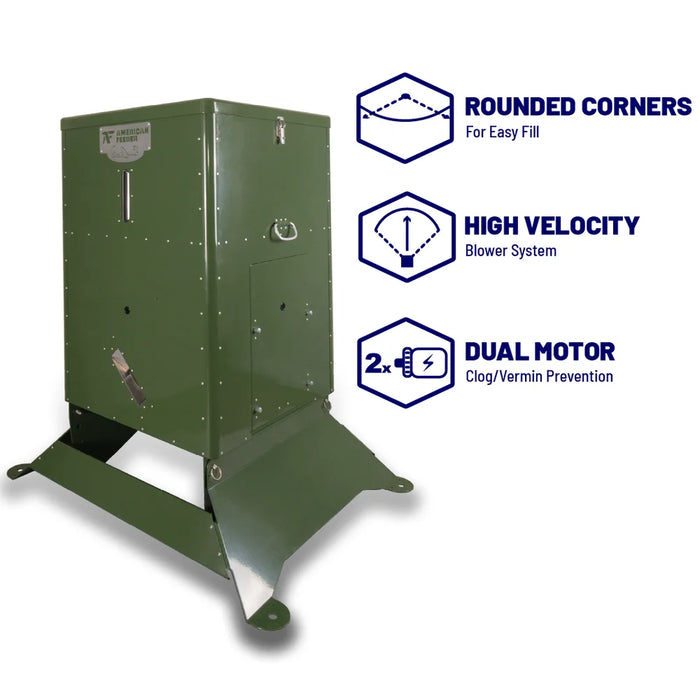 American Feeder S300 Outdoor Feeder feature graphic showing rounded corners, high velocity blower, and dual motor system