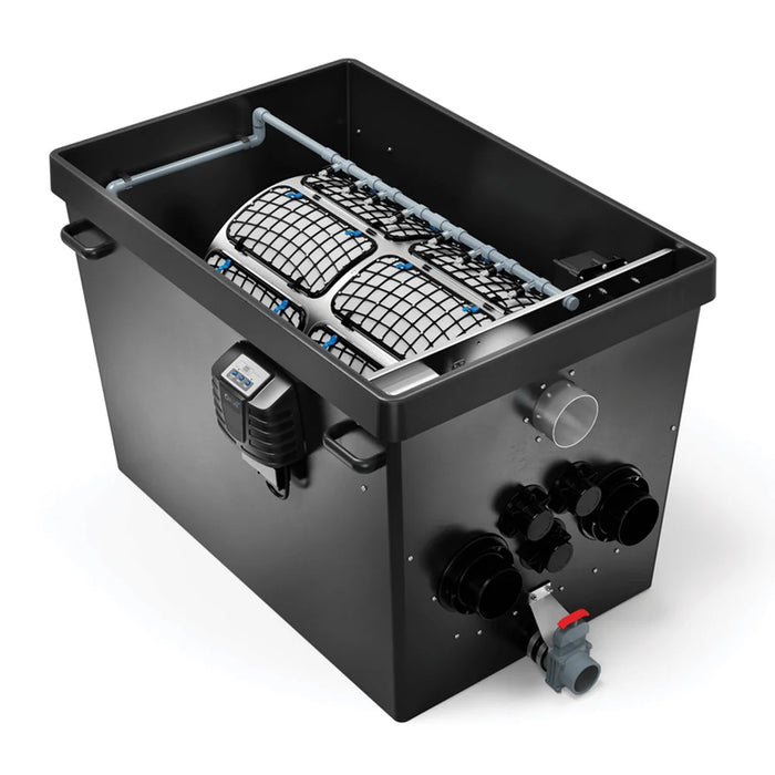Open black tank with stainless sieve drum, spray bar and slide valve on the Oase ProfiClear Premium XL-Pump Fed Drum Filter