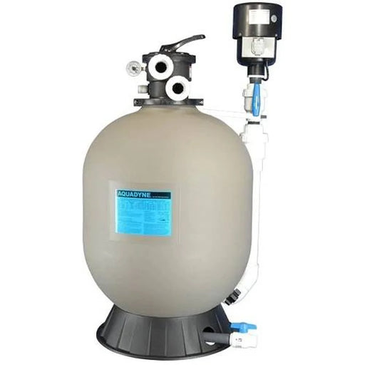 Aquadyne 8000 Bead Filter tan tank with top-mounted DynaMax blower, multiport valve, gauge and schedule 80 union plumbing
