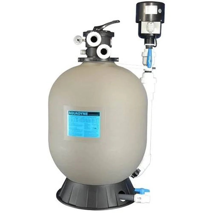 Aquadyne 8000 Bead Filter tan tank with top-mounted DynaMax blower, multiport valve, gauge and schedule 80 union plumbing