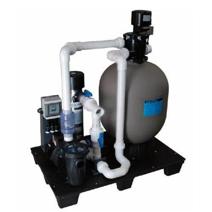Assembled Aquadyne AD16000/4.4C Freshwater Filtration unit with filter tank, UV sterilizer, pump and plumbing on pad
