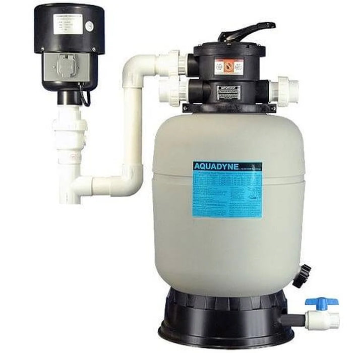 Aquadyne AD2000 Filtration System with tan vessel, top multiport valve, white PVC plumbing and DynaMax blower