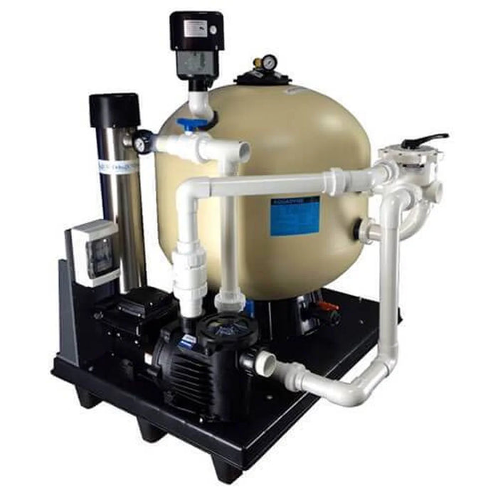 Aquadyne AD30000/8.8C Pond Filter mounted on pad with tan tank, Performance Pro pump, UV sterilizer and PVC plumbing