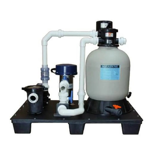 Complete Aquadyne AD4000/1.1B Filtration System on black pad with pump, UV sterilizer and grey filter tank