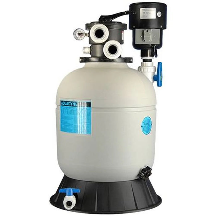 Front view of the Aquadyne AD4000 bead filter tank with mounted DynaMax blower, multiport valve and conical base