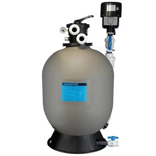 Front view of the Aquadyne AD8000HE 2 Inch Head Filter with grey tank, black control head, pressure gauge, and 2 inch union fittings