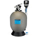 Front view of the Aquadyne AD8000HE 2 Inch Head Filter with grey tank, black control head, pressure gauge, and 2 inch union fittings