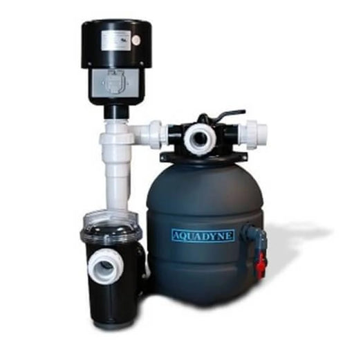 Aquadyne Ecosphere 10/20 Pond Filtration System with black spherical tank, top control head, motor housing and clear prefilter chamber