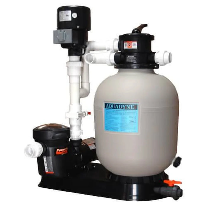 Complete Aquadyne Ecosphere 40/80 Pond Filter with grey tank, control head, PVC plumbing and black pump on base