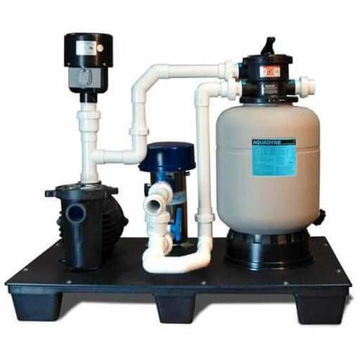 Aquadyne Plug & Play Filtration System AD2000 with tan filter tank, blue UV sterilizer, pump and PVC plumbing on pad