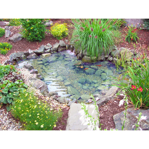 Finished Easy Pro ET811FB Pond Kit backyard pond with rock waterfall, clear water and surrounding garden plants