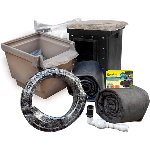 Skimmer box, AquaFalls filter with rock lip, EPDM liner, underlayment, flex pipe and pump from the Easy Pro ET811FB Mini Pond Kit on white