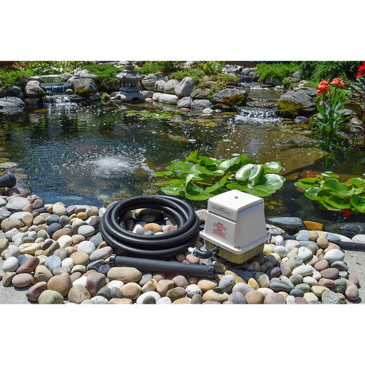 White linear compressor and coiled airline of the Easy Pro LA5W Linear Aeration Kit set beside an aerated pond