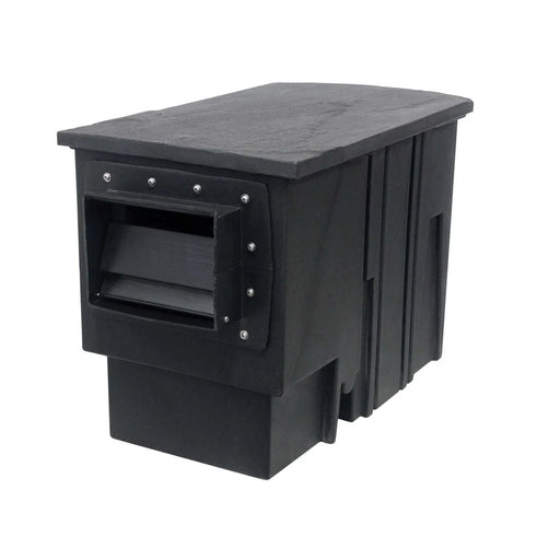 Angled front view of the black Easy Pro PSA11000 Pond Skimmer box with faux-slate lid, weir opening and stainless hardware on white