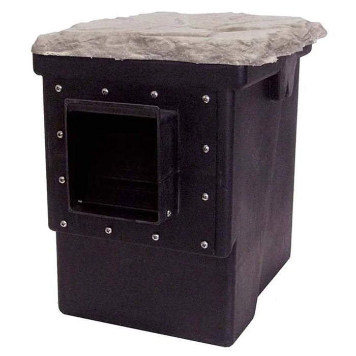 Black Easy Pro PSM Pro-Series Skimmer box with square weir opening and molded rock lid on a white background