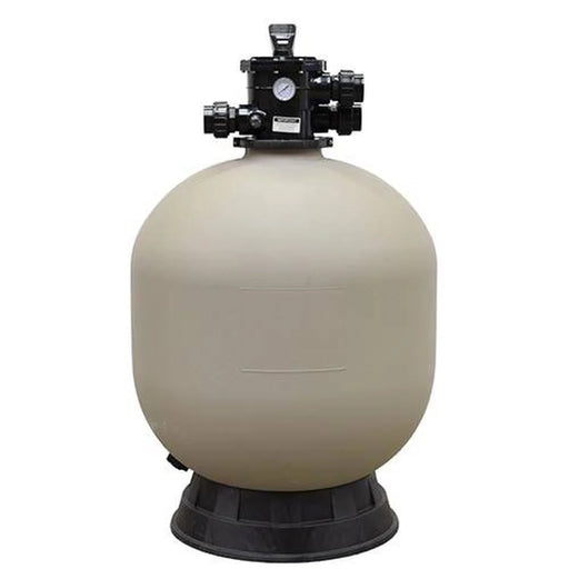Full front view of the EasyPro 10000 PBF Bead Filter with tan tank, black base, six-position control head and pressure gauge