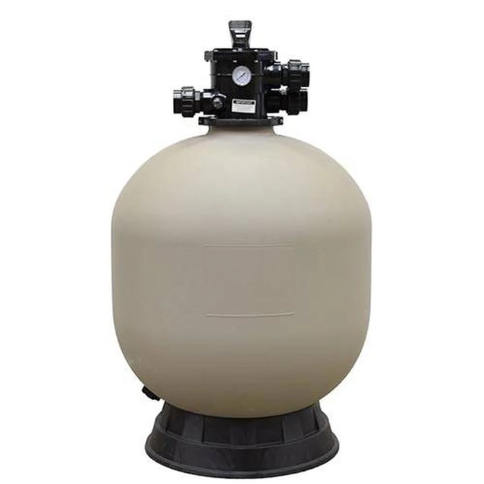Full front view of the EasyPro 10000 PBF Bead Filter with tan tank, black base, six-position control head and pressure gauge